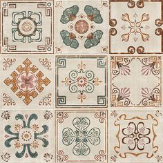 nine different tile designs in various colors and patterns, all with an intricate design on them