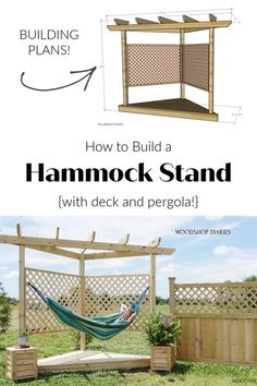 a hammock stand with a bench and pergola