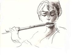 a drawing of a woman playing the flute