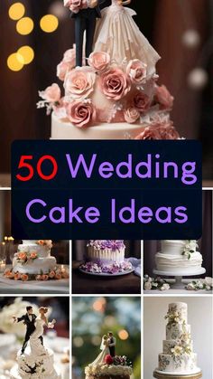 wedding cake ideas with pink roses and white frosting on the top, in different pictures