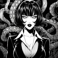 a woman with black hair standing in front of an octopus tentacles and her eyes are open