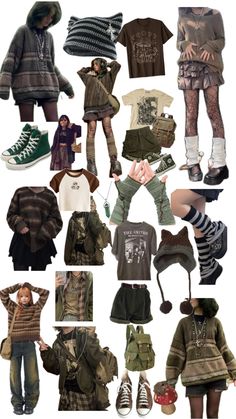 many different types of clothes and shoes are shown in this collage with the same image