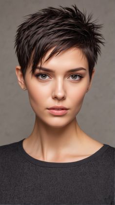 An edgy top crop is an excellent choice for women with fine hair looking for a low-maintenance yet stylish look. This haircut is easy to style and gives an instant lift to the hair, making it appear thicker and fuller. Pixie Haircut For Brunettes, Short Haircuts Thick Straight Hair, Fall 2024 Hair Trends Short, Boyish Pixie Haircut, Pixie Haircut 2024 Trends Women, Styling Very Short Hair, Short Hairstyle Women 2024 Trends, Woman Short Hairstyles, Modern Pixie Haircut Over 50