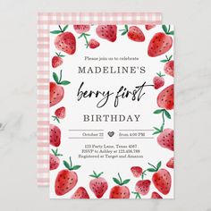 a birthday party card with strawberries and gingham checkered pattern on it