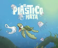 an animated image of a turtle and jellyfish swimming in the ocean with caption that reads el paezo mata