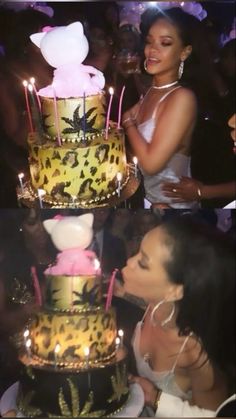 a woman standing next to a cake with candles on it and another person kissing the cake