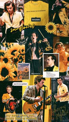 collage of photos with sunflowers and one man singing into a microphone in front of a yellow background