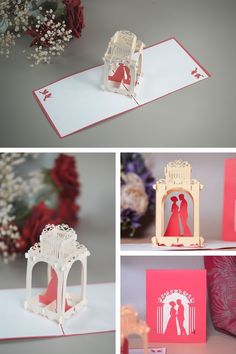 the wedding card is made from paper and has an image of a bride and groom on it