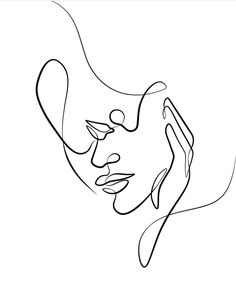 a black and white line drawing of a woman's face with her hands behind her head