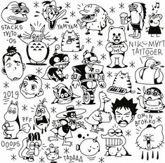 cartoon characters are drawn in black and white