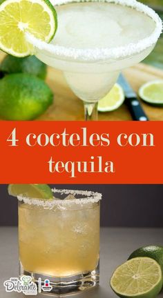 the four cocktails on tequila are ready to be served with limes and sugar