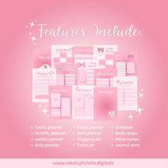 a pink background with white stars and the words, features include weekly planner printables