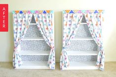 two bookshelves with curtains on them in front of a wall