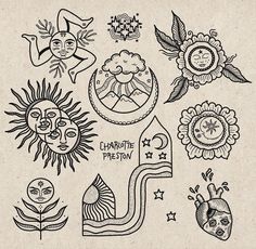 an old school tattoo design with sunflowers and other symbols