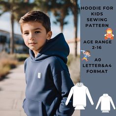 a young boy wearing a hoodie for kids sewing pattern, age range 2 - 16