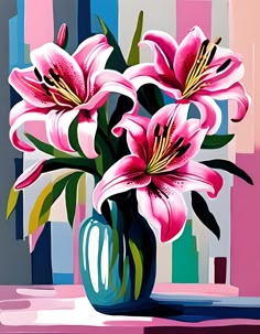 a painting of pink lilies in a blue vase on a window sill against a multi - colored background