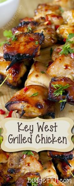 grilled chicken skewers with ketchup and garnish