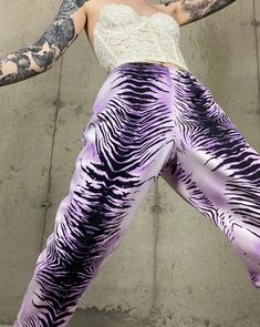 "🖤💜 ZEBRAMETHYST    Welcome to the Funky Animal Kingdom!  Badass Deadstock Vintage 90s Alberto Makali Purple Zebra Capri Pants! These epic capri pants will certainly get your animalistic side roaring! SIZE 8 Waist 29\" Hips 40\" Rise 11\" Inseam 25\" 🤍BUSTIER AVAIL. IN SEPARATE LISTING🤍 💜OPEN TO OFFERS💜" Summer Zebra Print Wide Leg Bottoms, Casual Fitted Bottoms With Zebra Print, Casual Fitted Zebra Print Bottoms, 90s High-waisted Summer Pants, 90s Style High-waisted Summer Pants, High Waist Zebra Print Bottoms For Spring, Art On Pants, Purple Zebra, Animal Print Pants