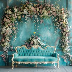 a blue couch sitting in front of a green wall with flowers growing up it's sides