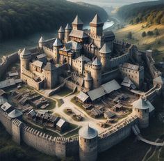 an aerial view of a castle surrounded by hills