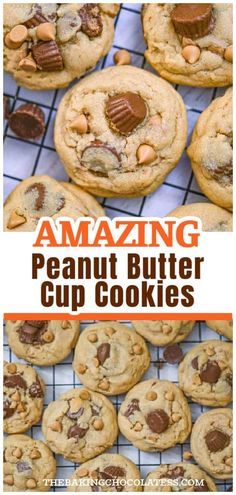 peanut butter cup cookies on a cooling rack with text overlay reading amazing peanut butter cup cookies