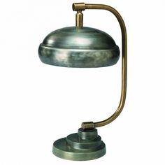 an antique brass desk lamp on a white background