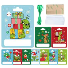 the grino christmas gift tags are shown in different colors and designs, including presents