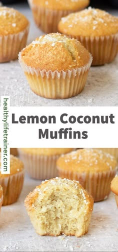 lemon coconut muffins on a baking sheet with the title overlay above it