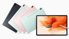 the new ipad pro is shown with four different colors and sizes, including pink, white,