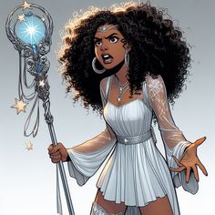 an illustration of a woman holding a crystal ball and wand with stars around her neck