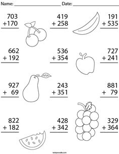 an addition worksheet with fruits and numbers