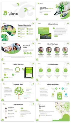 the green powerpoint presentation is displayed on a white background with many different colors and shapes