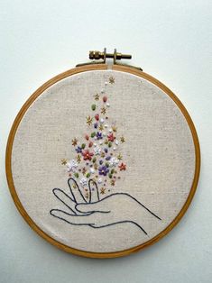 a hand holding a small christmas tree in it's palm embroideryed onto a piece of fabric