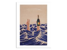 two hands holding up a bottle of wine in the middle of an ocean with waves