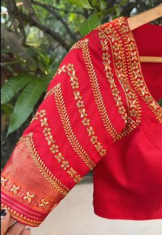 Aari Work On Silk Blouse, Blouse Sleeve Embroidery Designs, Silk Blouse Aari Work Designs, Simple Blouse Embroidery Designs Silk, Red Saree Blouse Design, Blouse Aari Work Design Simple, Blouse Handwork Embroidery Designs, Bridal Maggam Work Blouses Latest, Red Blouse Work Designs