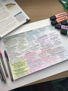 several markers and pens sitting on top of a piece of paper next to an open book