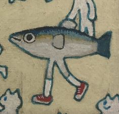 a drawing of a person walking with a fish