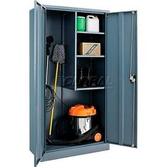 an open metal storage cabinet with cleaning supplies