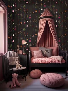 a bedroom decorated in pink and black with flowers on the wall, canopy bed and floor cushions