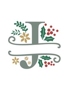 the letter j is decorated with holly and berries