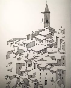 a drawing of a building with a clock tower in the middle and many buildings below it