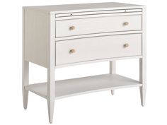 a white dresser with two drawers and one shelf on the bottom, against a white background