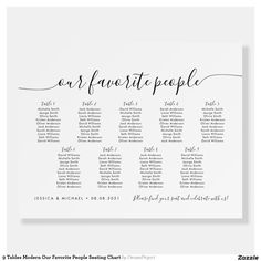 the wedding seating chart for our favorite people is shown in black ink on white paper