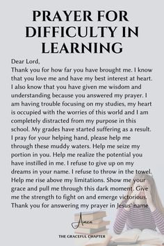 a woman sitting in front of a pile of books with the words prayer for difficulty in learning