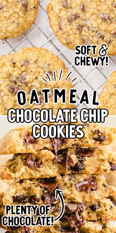 oatmeal chocolate chip cookies on a cooling rack with text overlay that reads, soft & chewy oatmeal chocolate chip cookies