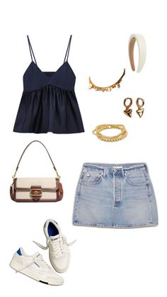 Denim skirt and gold jewelry with sneakers! Thanksgiving Clothes, Blue Fits, Cute Fits, Denim Skirt, Gold Jewelry, Going Out