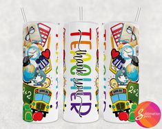 two white tumbles with colorful graphics on them and the words time to travel are in front of each other