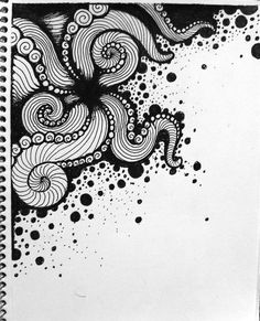 a spiral notebook with black and white ink on paper, containing an abstract swirl design