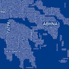 a blue map with the names of cities and towns in white on a blue background