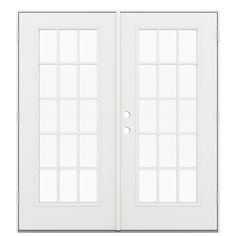 a white double door with glass panels on the front and side doors, isolated against a white background